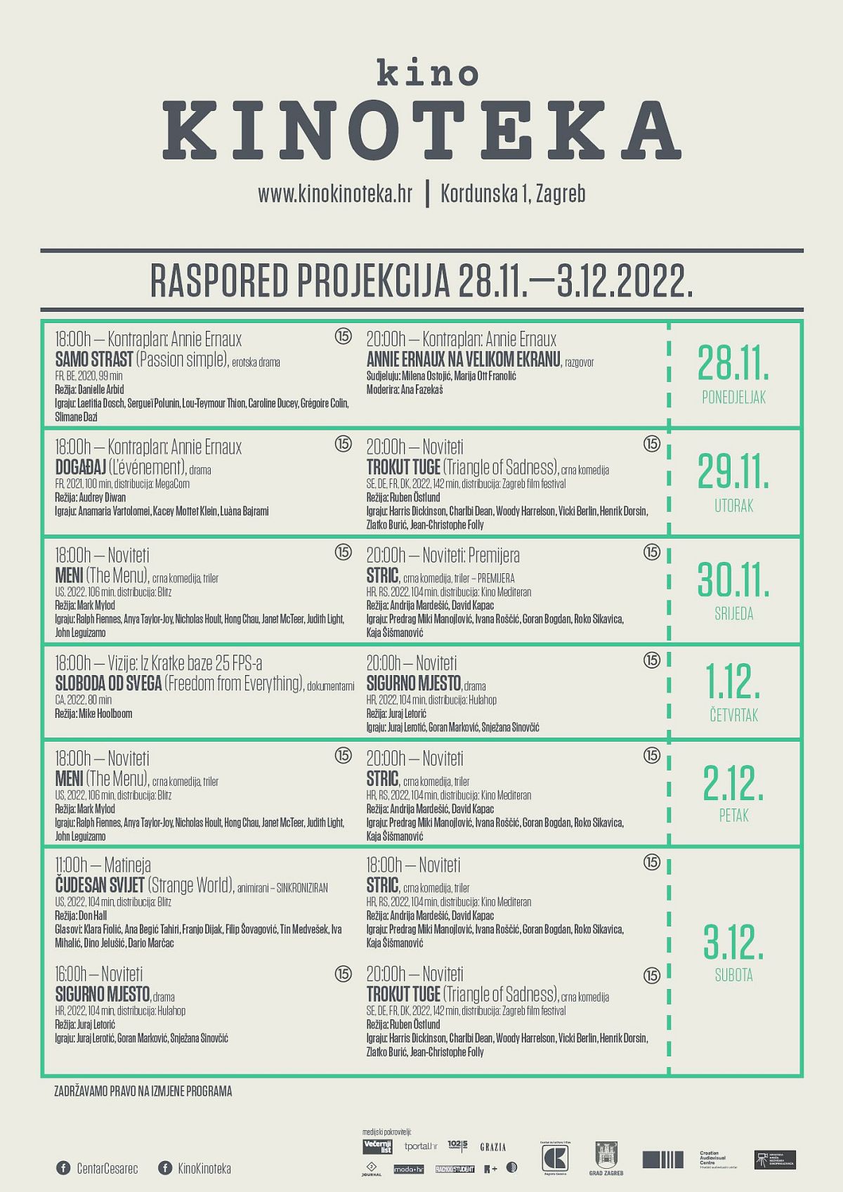 Kinoteka - tjedni program prosinac 2022